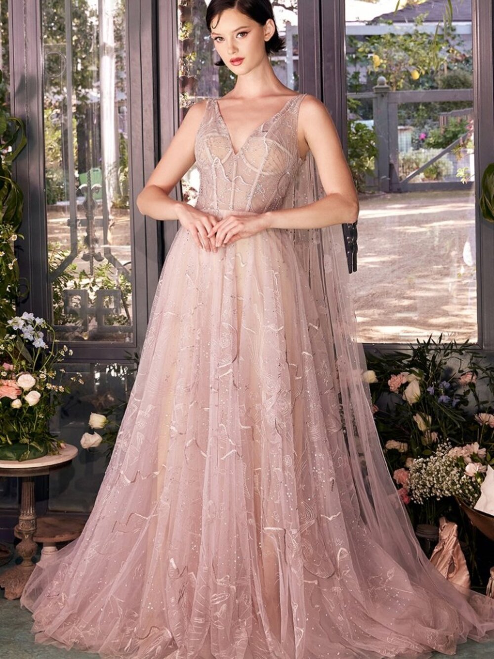 New Formal Beaded Soft Tulle Dress w/ Long Tulle Cape & Button Closure CD A1459